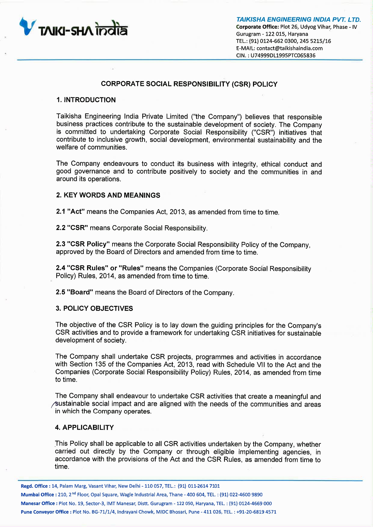 Taikisha CSR Policy Initiative