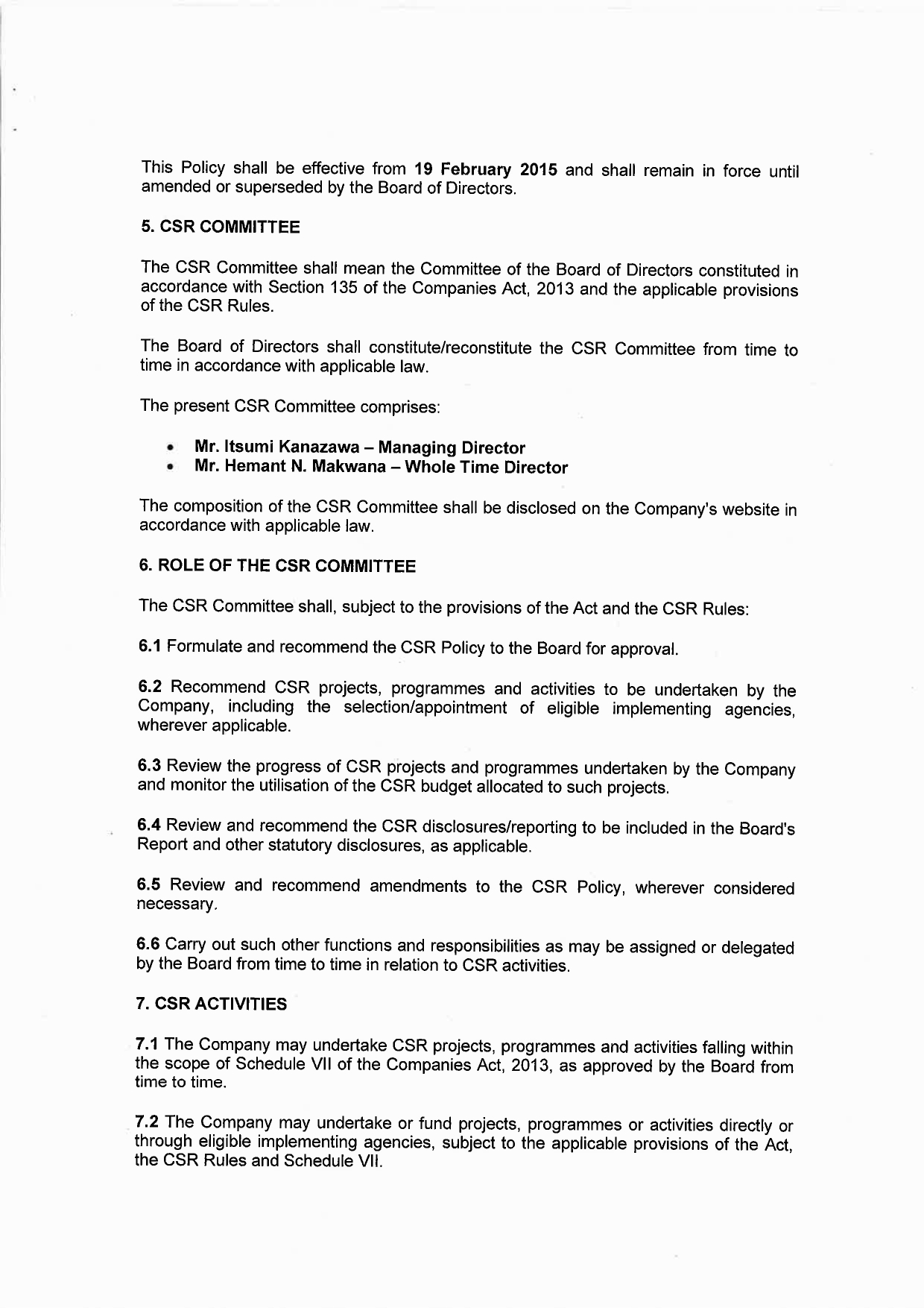 Taikisha CSR Policy Initiative